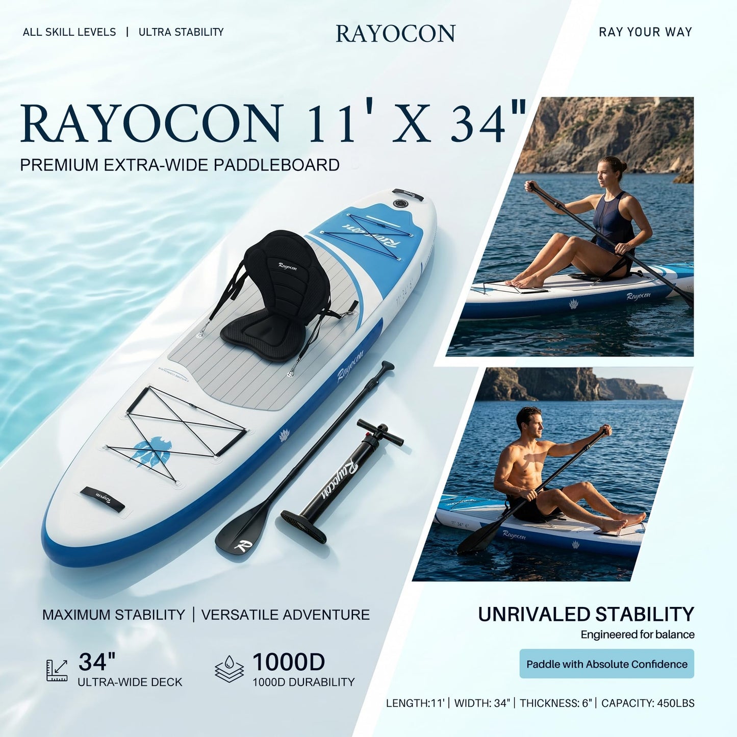 Inflatable Stand Up Paddle Board with Kayak Seat, 11'×34" Extra Wide 2-in-1 SUP, Ultra-Stable for Adults & Dog, 450lbs, Dual Chamber Pump, Fiberglass Paddle, Wild Bear Claw Polar Design Blue