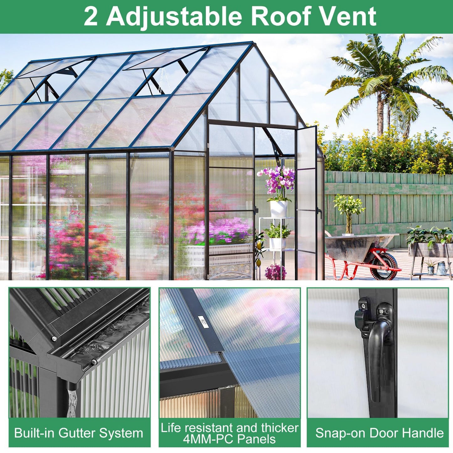 CDCASA 12x10x10 FT Greenhouse for Outdoors, Easy Assembly Large Aluminum Heavy Duty Polycarbonate Greenhouses Kit w/2 Windows, Swing Door, Outsides Walk-in Green House Sunroom for Backyard Garden