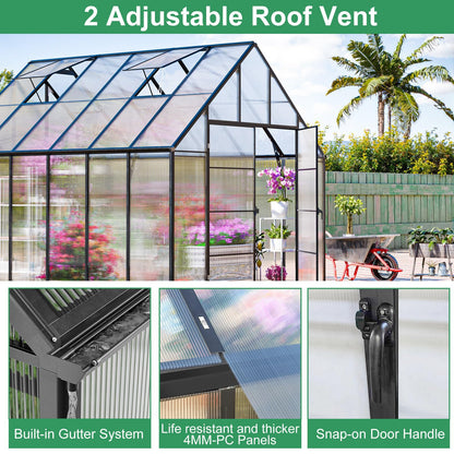 CDCASA 12x10x10 FT Greenhouse for Outdoors, Easy Assembly Large Aluminum Heavy Duty Polycarbonate Greenhouses Kit w/2 Windows, Swing Door, Outsides Walk-in Green House Sunroom for Backyard Garden