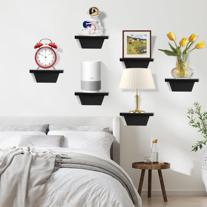 PHOENANCEE Small Floating Shelves,Speaker Shelf,Trapezoid Wall Shelf for Table Lamp Plants Display,Decorative Wood Ledges Chic for Living Room,Bedroom,Kitchen,Office,Pine,8x6 Inch,2 Pack(Black)