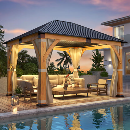 GARTOO 11’x 13’ Outdoor Spruce Wood Gazebo - Patio Hardtop Gazebo Permanent Wooden Pavilion with Privacy Curtains and Netting & 2 Shelves, Steel Roof Wooden Gazebos for Garden, Porch, Lawn, Backyard