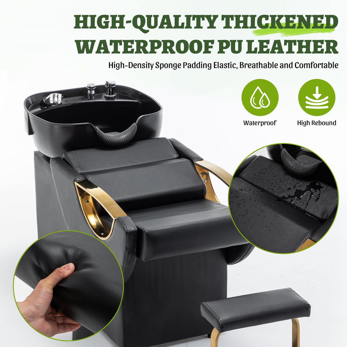 KEIKI Large Shampoo Bowl & Chair Set with Footstool, Black & Gold Barber Backwash Chair, Heavy Duty 300lbs Hair Washing Chair with Deep ABS Basin & Neck Rest for Spa Beauty Stylist
