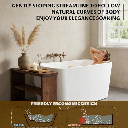 49" Acrylic Freestanding Soaking Bathtub, Matte Drain & Black Overflow, Modern Design Tub for Home Bathroom Renovations, Glossy White