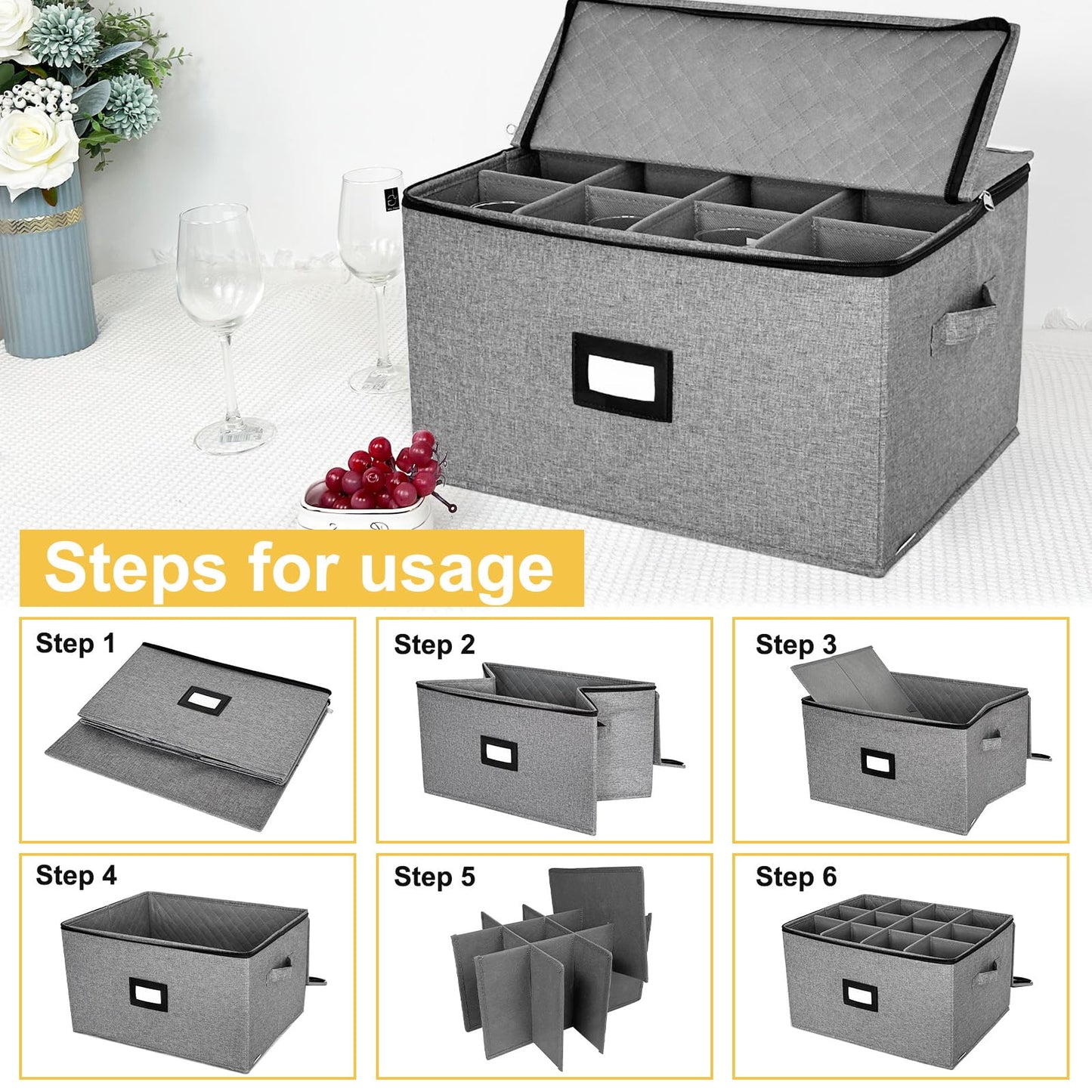 homyfort Wine Glass Storage Box, China Storage Containers with Dividers, Stemware Storage Case Holds 12 Wine Glass or long stem Crystal Glassware with Handles, Hard Shell and Stackable (Grey)
