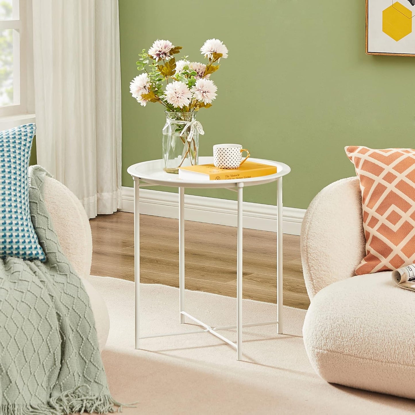 1 VECELO Side/End Table, Folding Round Metal Anti-Rust and Waterproof Outdoor or Indoor Tray for Living Room Bedroom