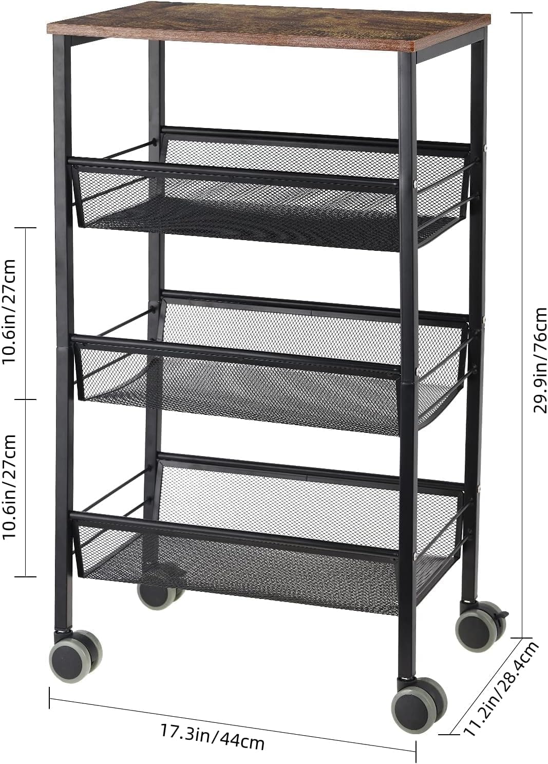 LIANTRAL Rustic Kitchen Storage Cart, 4 Tier on Wheels, Metal Mesh Pantry Cart with Lockable Wheels, Wood Look Top