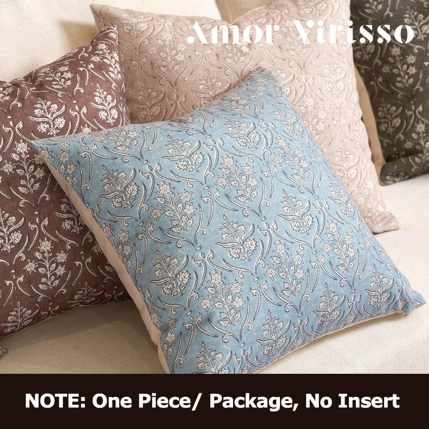 20x20 Inch Amor Virisso Floral Pillow Covers Farmhouse Block Print Pillow Cover Accent Square Neutral Modern Decorative