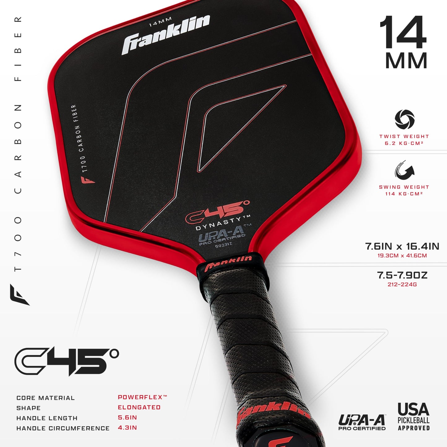 Franklin Sports PRO Pickleball Paddles – C45 Carbon Fiber Series - Official USAP + UPA Approved – Pro Player Design, DYNASTY 14MM RED
