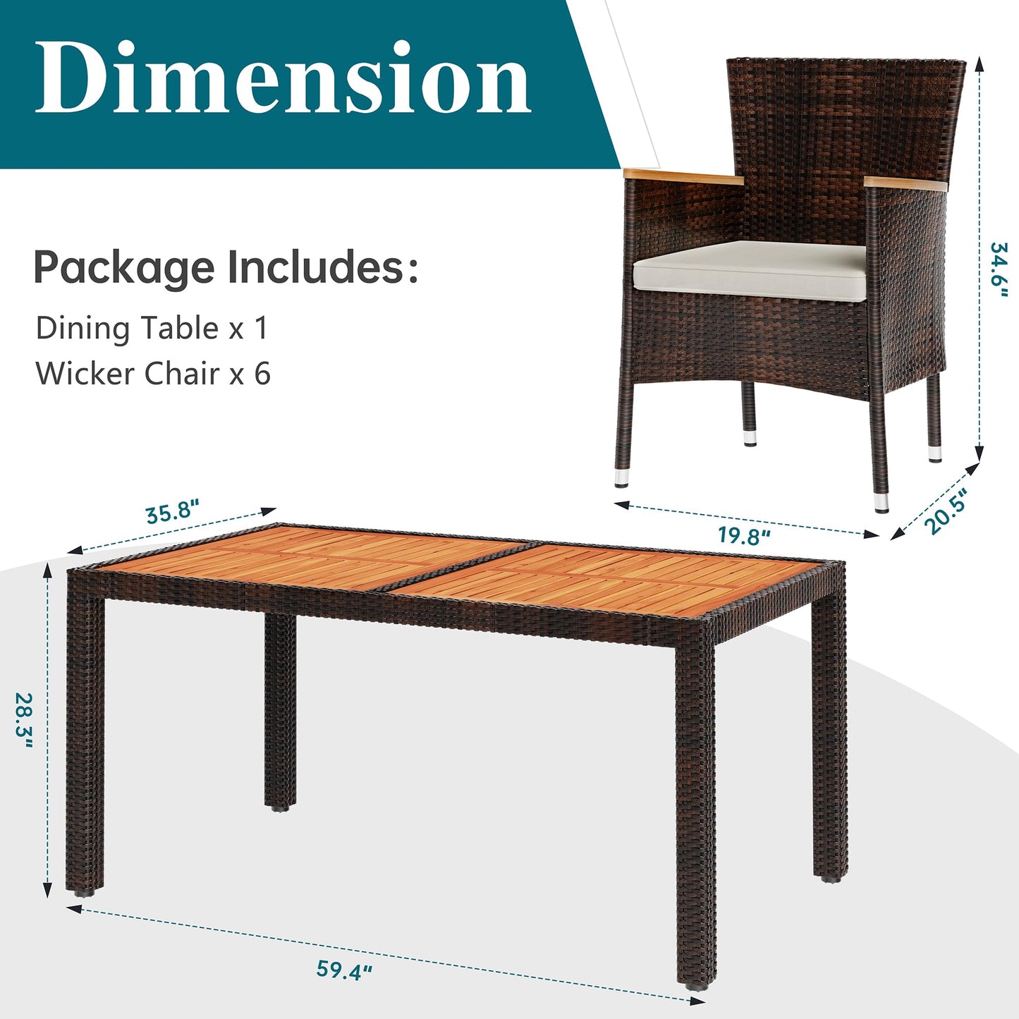Shintenchi 7 Piece Patio Dining Set, Wicker Patio Conversation Set with Wooden Table Top, Outdoor Table and Chairs with Soft Cushions for Backyard, Deck and Garden, Brown Rattan
