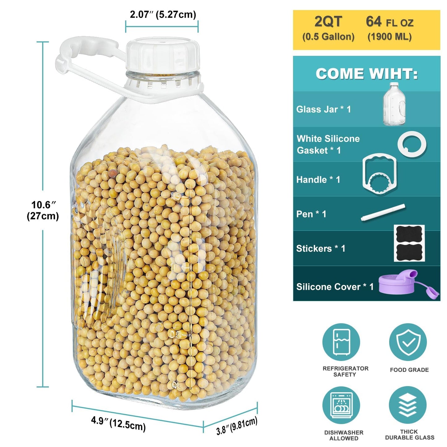 Ritayedet 64 Oz Heavy Duty Glass Milk Bottle with Reusable Airtight Strong SCREW LID - 1/2 Gallon Water Bottles with Scale Lines - 2 Qt Glass Milk Jug Pitcher - Extra Gaskets & Handle!