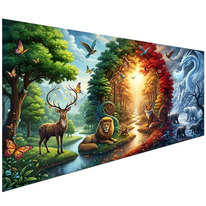 KUFWKEY Four Seasons Landscpae Diamond Art Kits for Adults,Wildlife Diamond Painting Kit,Deer Lion Fox Dragon Nature Scene Diamond Mosiac Kits,Gem Art for Home Decor,Large Size 27.5x15.7 Inch