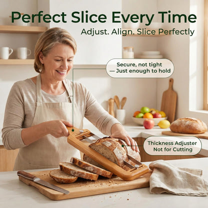 Adjustable Bread Slicer for Homemade Bread-Precision Upgrade Wooden Sourdough Bread Knife with Thickness Guide, Sharp Stainless Serrated Blade, Bread Cutter for Bagels, Baguettes, Gift for Bakers