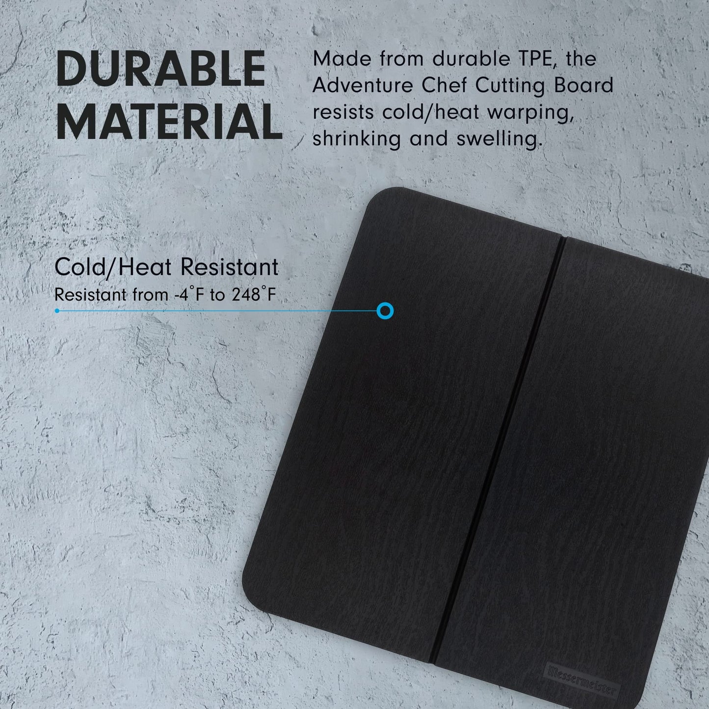 Messermeister Adventure Chef Folding Faux Wood Cutting Board, Black - Durable TPE - Resists Cold/Heat Warping, Shrinking & Swelling - Compact & Portable - 10.75 x 9.5”