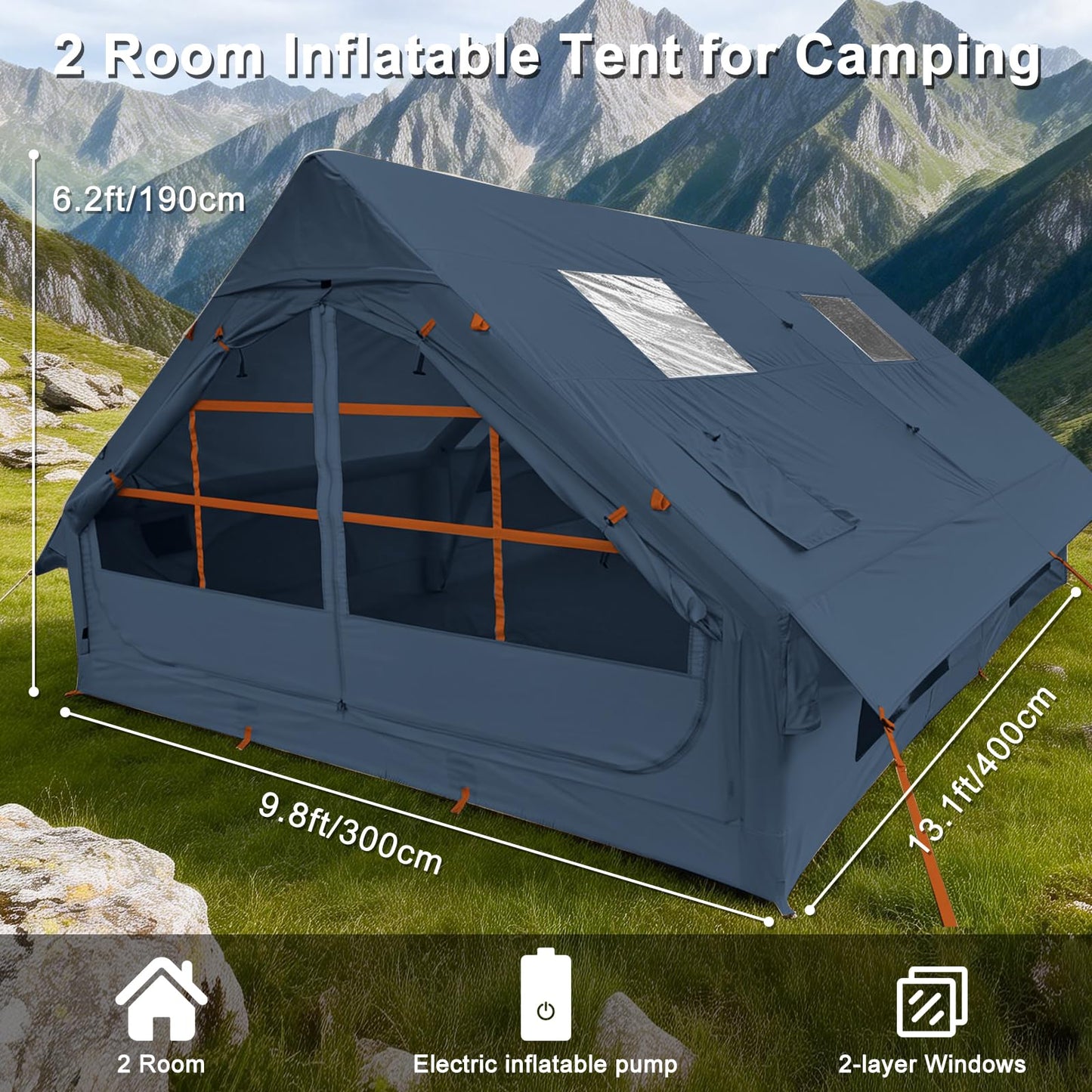 8-10 Person Inflatable Camping Tent with Stove Jack, Two Room Glamping Inflatable Tents,Waterproof Hot Tent Easy Setup Blow Up Tents for Camping