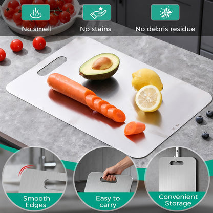 Katuchef Titanium Cutting Board - Upgraded 100% Pure Titanium Cutting Boards for Kitchen Non Toxic, Double Sided Food Grade Hygiene Non Moldy Dishwasher Safe Meat Fruit Metal Board (2PC S+L)
