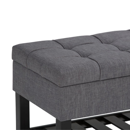 SIMPLIHOME Saxon Storage Ottoman Bench - 43 inch Wide Upholstered Linen Look Fabric Rectangle Storage Ottoman in Slate Grey, Transitional Bench for Bedroom with Tufted Lift-Top and Open Bottom Shelf