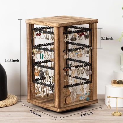 Emfogo 360 Earring Holder Organizer, Rustic Wood Earring Stand, Rotating Wooden Display, 4 Tiers Earring Organizer Stand for Stud Earrings, Hoop Earrings & Necklaces, Women Gifts