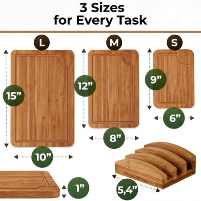 Wood Cutting Board Set of 3 with Holder - Sturdy & Easy to Clean Bamboo Wooden Cutting Boards for Kitchen - 3 Sizes of Chopping Board with Juice Grooves for Meal Prep, Everyday Use, Housewarming Gift