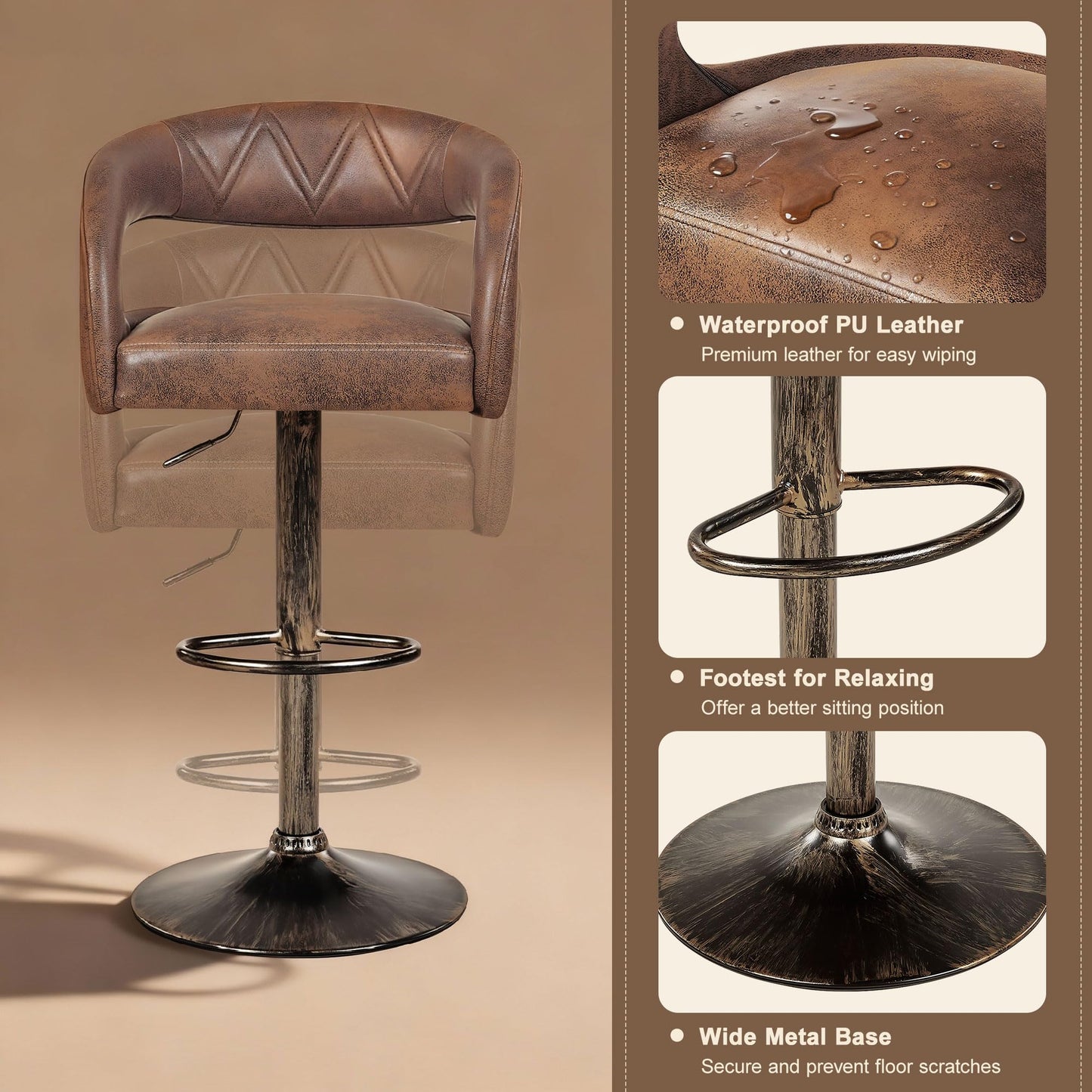 VECELO Bar Stools Set of 4 Adjustable Swivel Modern Pu Leather Barstools, Counter Bar Stools with Back and Arms, for Kitchen, Bar (Dark Brown)