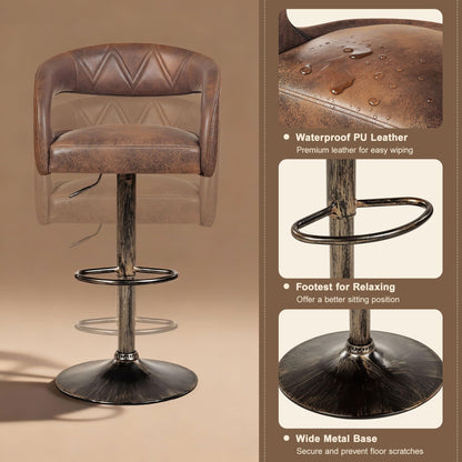 VECELO Bar Stools Set of 4 Adjustable Swivel Modern Pu Leather Barstools, Counter Bar Stools with Back and Arms, for Kitchen, Bar (Dark Brown)
