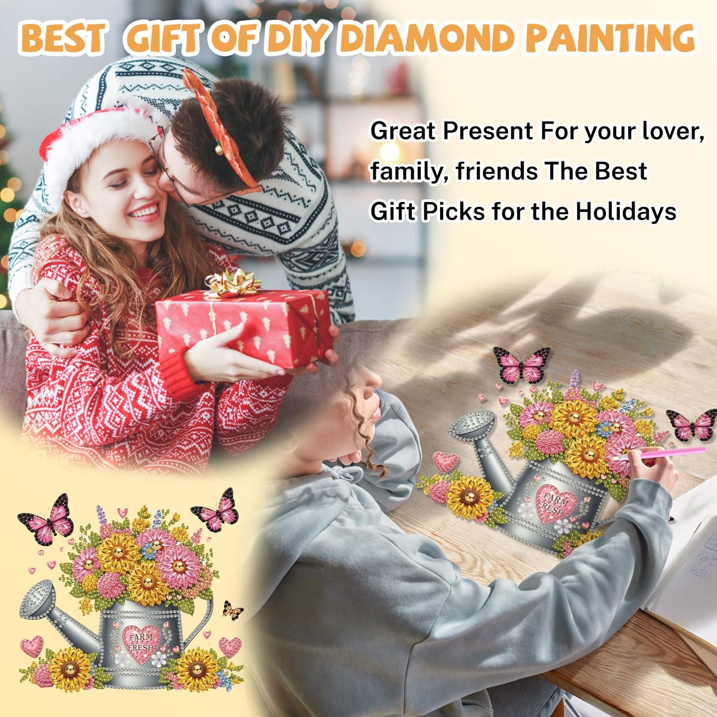 Bowetile Spring Diamond Art Hanging Kits for Adults, Diamond Art Suncatchers Flowers, 5D Special Shape Diamond Painting Farm Fresh Watering Can Pendant Window Ornament Gifts for Home Decor