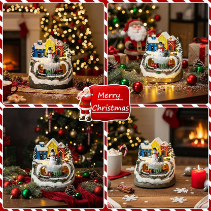 MXwcy Christmas Village House - Moving Train & Music, Lighted Snowman Figurine with 8 Holiday Songs, LED Lights