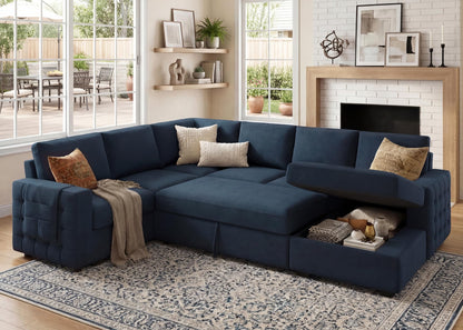HONBAY Sectional Sleeper Sofa with Pull Out Bed U-Shape Sectional Couch Sleeper Bed with Storage Chaise Lounge Living Room 6 Seater Sectional Sofa,Velvet Dark Blue