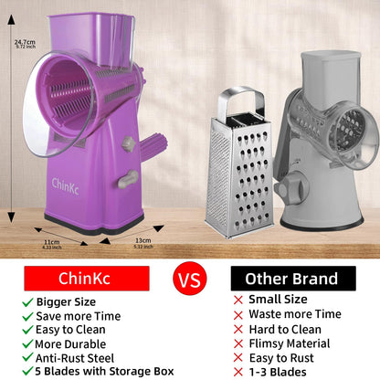 ChinKc Upgrade Rotary Cheese Grater Shredder with Handle, Strong Suction Base, Multi-purpose Rotary Grater Slicer with 5 Interchangeable Blades for Ice, Vegetables, Fruit, Nuts with Blade Storage Box
