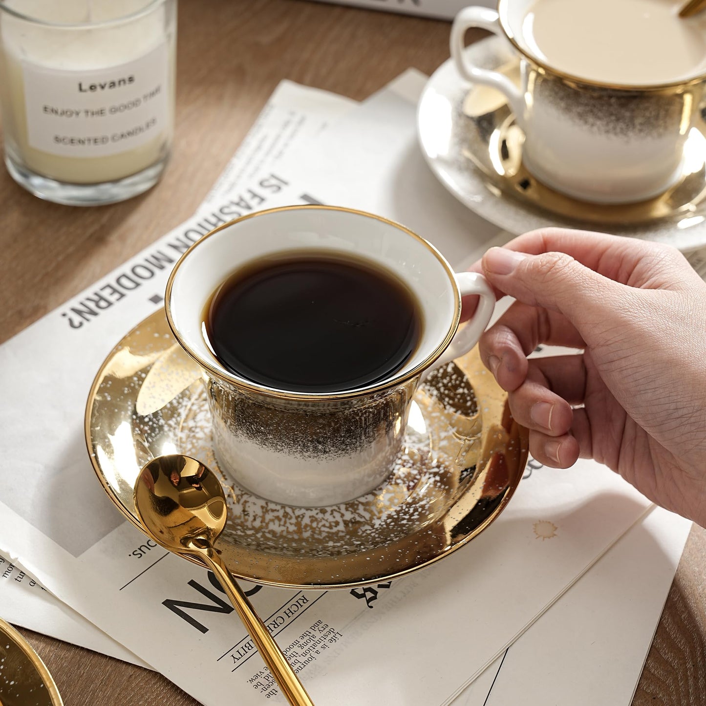Andaliz Tea Cups and Saucers Set of 2 with Gold Spoon, Ceramic Coffee Cups with Matching Plates, Handcrafted Gold & Silver Glaze, Luxury Cup & Saucer Gift Set with Box, 5oz