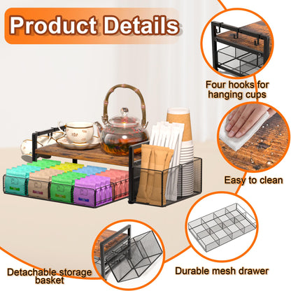 Tea Bag Organizer, Wood Tea Organizers and Storage Chest, Tea Bag Holder with Storage Drawer, 4 Hooks for Tea Cups Holder, Tea Station Chest Display Container Box for Countertop Kitchen, Rustic Brown