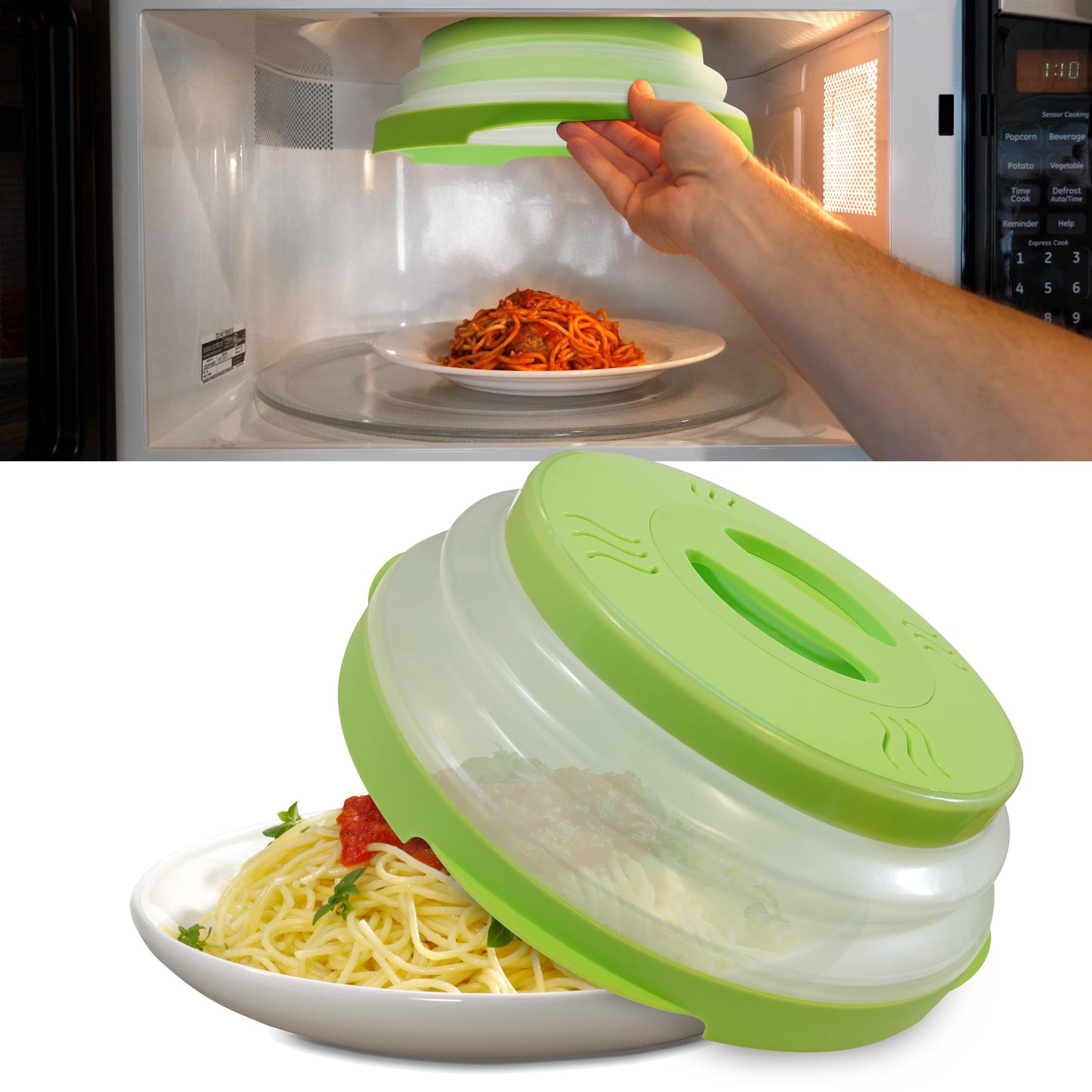 HOVER COVER Magnetic Microwave Splatter Cover with High Power, Strongest Magnetic Grip, Collapsible 12-Inch BPA-Free Food Lid, Vented Plate Guard, Dishwasher Safe, Space-Saving Storage - Green