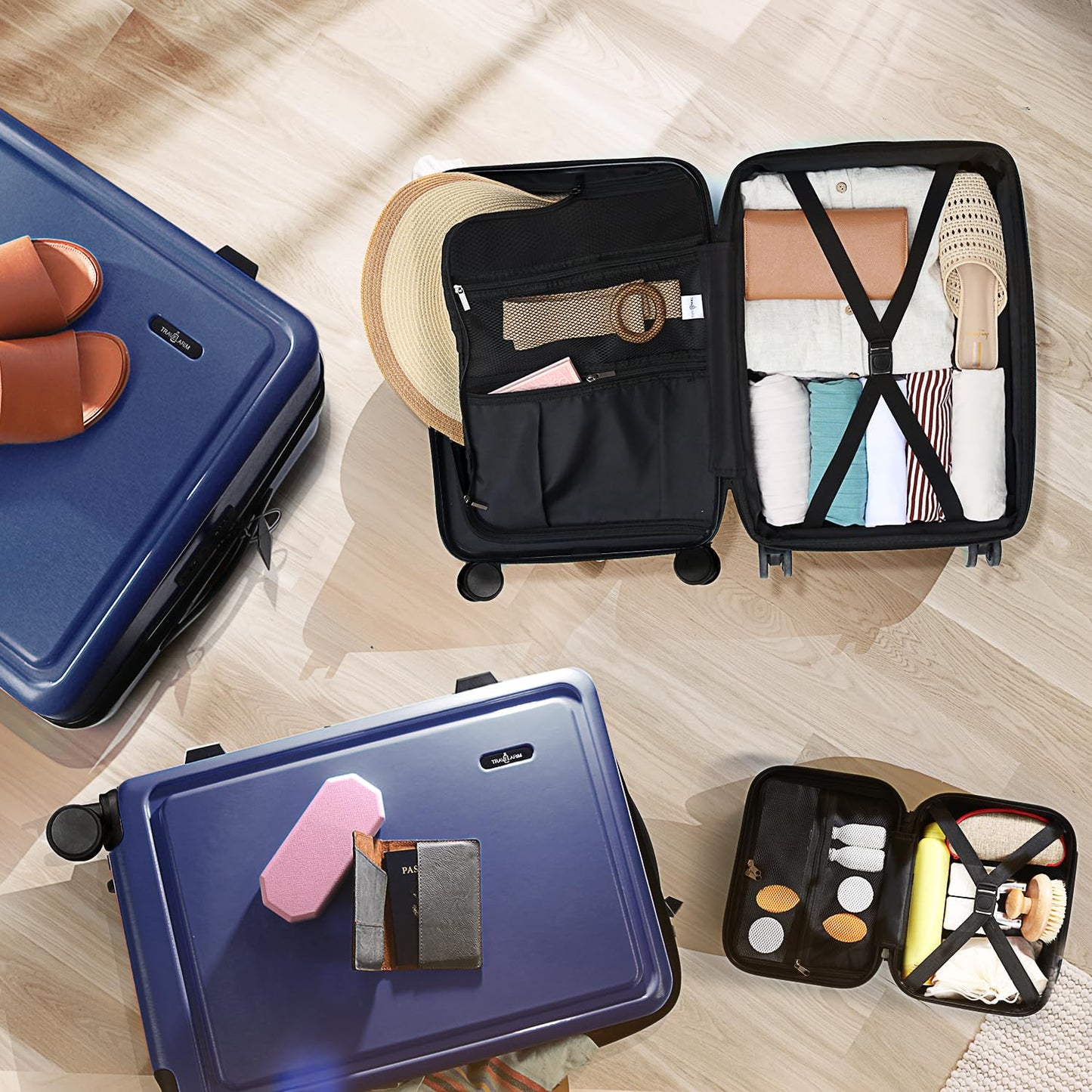 TRAVELARIM Navy Hardshell Luggage Sets 4 Piece, Durable Suitcase Set, Travel Luggage Set with Integrated TSA Lock, 360° Spinner Wheels, Expandable Medium and Large Checked Suitcase, 20/24/28 Inch