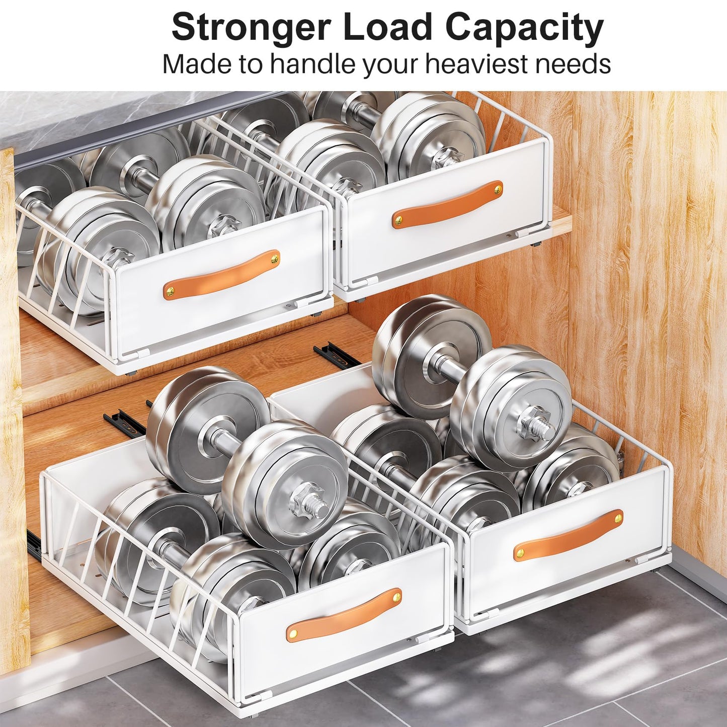Pull out Cabinet Organizer,Heavy Duty Slide out Pantry Shelves Drawer Storage with Adhesive Nano Film,Sliding Mesh Cabinet Basket with Handle for Kitchen, Bathroom, Home, 11.8W" X 15.7"D X 6.2"H,White