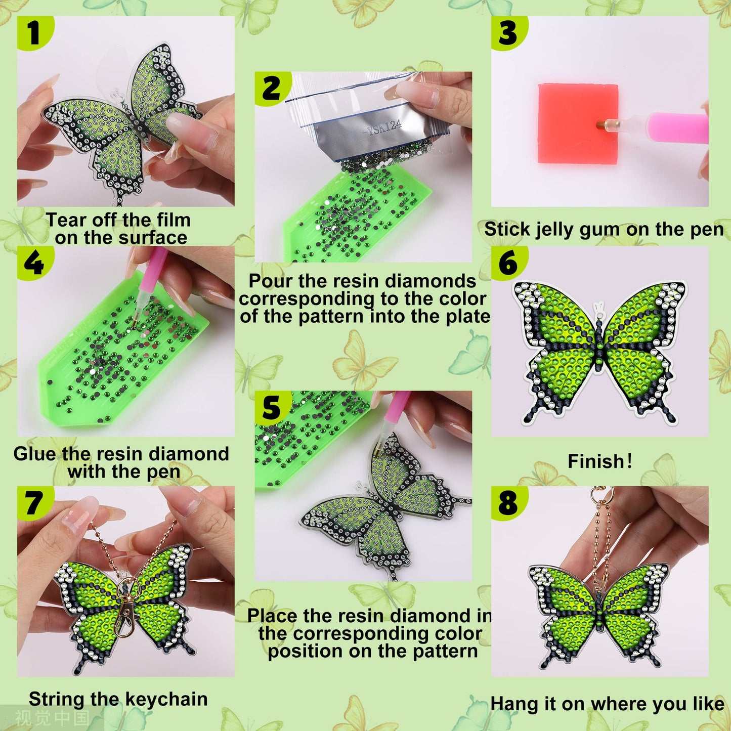 10 PCS Butterfly Diamond Painting Keychains Kit Double Sided Diamonds Art Key Rings Hanging 5D Diamond Ornaments Butterfly Full Drill Diamonds Pendants for Spring Summer Beginners Adults DIY Crafts