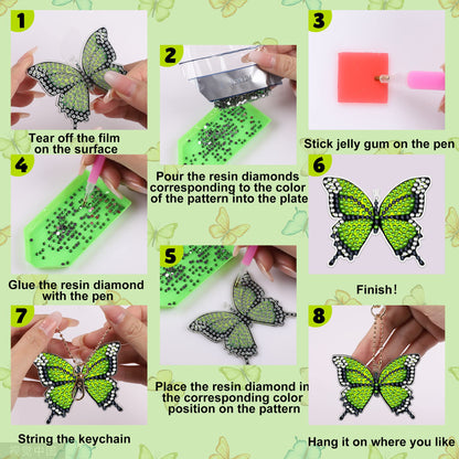 10 PCS Butterfly Diamond Painting Keychains Kit Double Sided Diamonds Art Key Rings Hanging 5D Diamond Ornaments Butterfly Full Drill Diamonds Pendants for Spring Summer Beginners Adults DIY Crafts