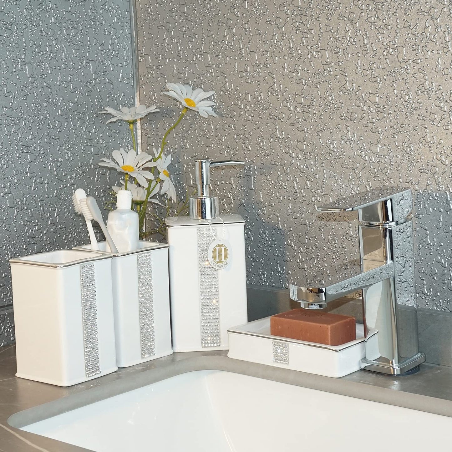 CAAHANJIA Bathroom Accessories Set 4 Pcs-Ceramic Gift Set Soap Dispenser Pump & Toothbrush Holder & Tumbler Cup & Soap Dish - Bathroom Home Decor Clearance, Countertop Vanity Organize(12 Ounce White)