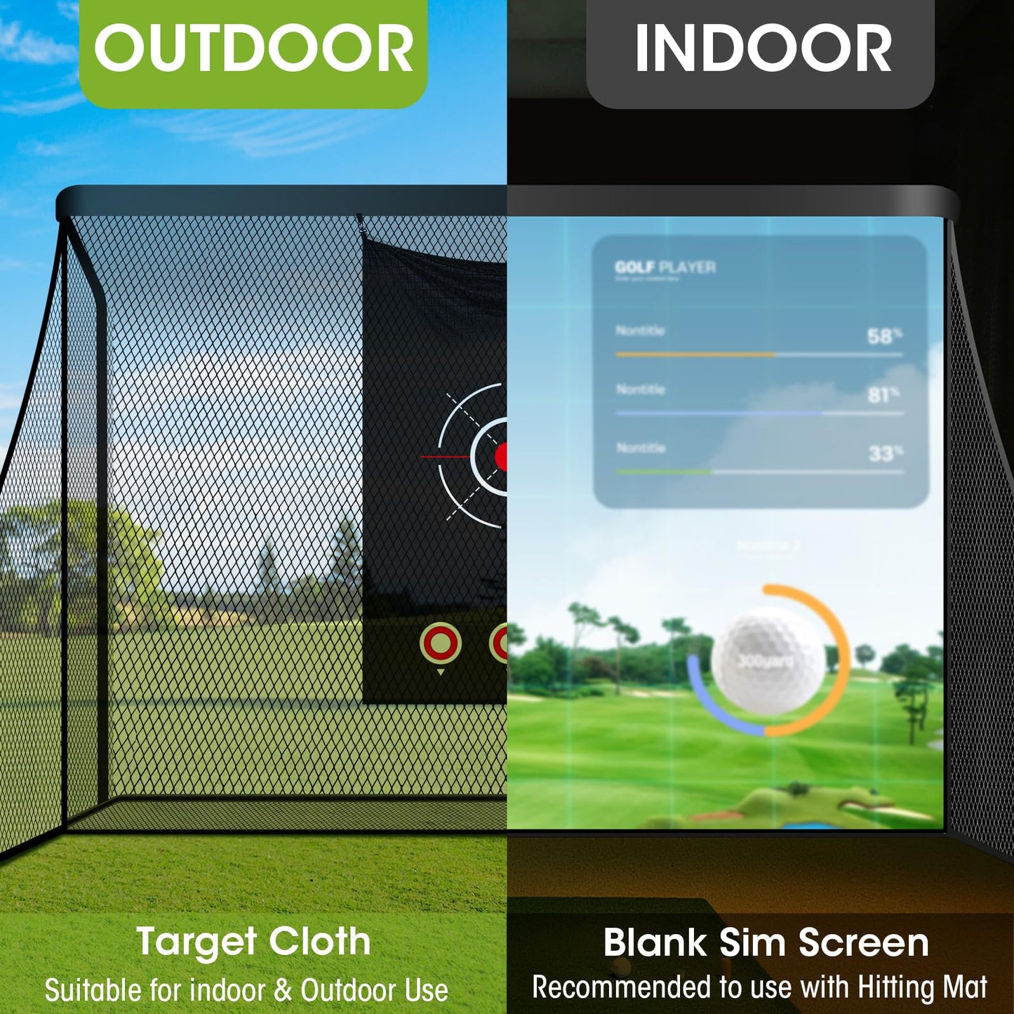 Silipull Golf Cage Net with Simulator Impact Screen Heavy Steel Frame with 2 Net Side Barriers HD Blank Impact Screen and Target Cloth Golf Simulators Enclosure for Home Indoor Outdoor(10 x 7 ft)