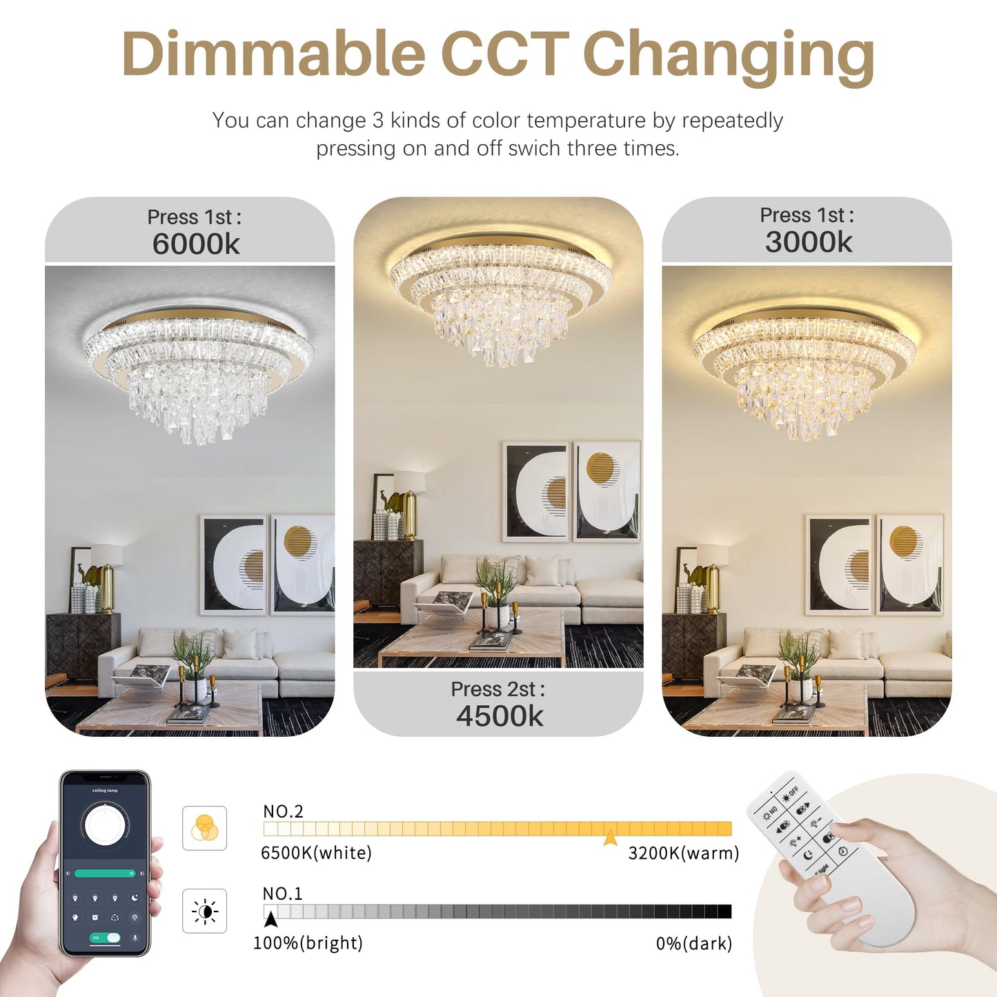 24 inch Flush Mount Crystal Chandelierse with Remote and APP Gold, Modern Elegant LED Crystal Raindrop Ceiling Light Fixtur, 3CCT Dimmable, for Living Room Kitchen Island Bedroom Entryway Foyer