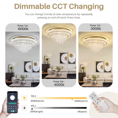 24 inch Flush Mount Crystal Chandelierse with Remote and APP Gold, Modern Elegant LED Crystal Raindrop Ceiling Light Fixtur, 3CCT Dimmable, for Living Room Kitchen Island Bedroom Entryway Foyer
