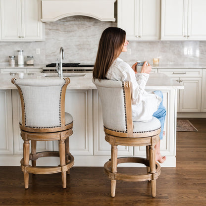 Maven Lane Pullman Bar Stool 31 Inches – Set of 2 – Swivel Stools with Footrest – Light Brown Solid Wood Frame & Natural Fabric Upholstery – Perfect for Bars, Pub Tables & Tall Kitchen Counters