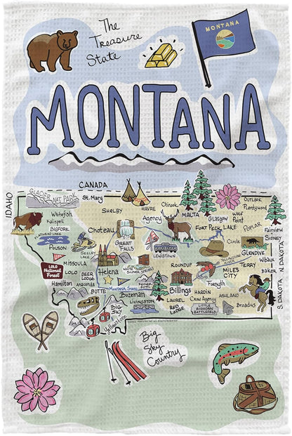 16"x24" 100% Fish Kiss Montana Map Dish Towel is of Microfiber Waffle Weave Making it Super Absorbent, Soft & Machine
