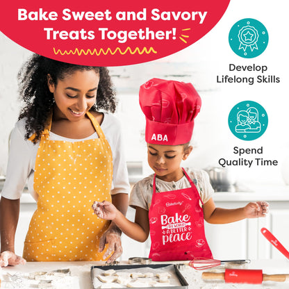 Baketivity Kids Chef Hat and Apron Set for Boys & Girls - One Size Fits All (Adjustable) - Premium, Washable Apron and Hat Set for Cooking - Young Chefs & Junior Bakers Chef Outfit for Kids