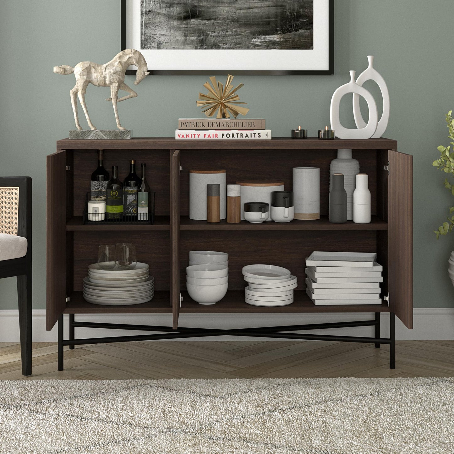 Henn&Hart 48" Fluted Sideboard Buffet Cabinet, Modern Ribbed Credenza with 3 Doors, Adjustable Shelves, and Cable Management Cut-Outs for Dining Room, Kitchen, Living Room or Entryway, Rich Brown