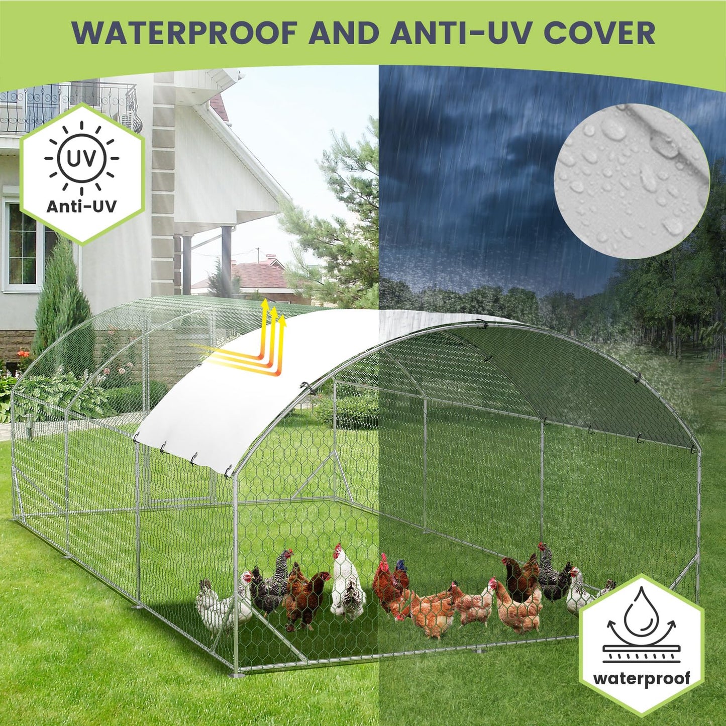 Milleloom Large Metal Chicken Coop, Outdoor Wire Mesh Poultry Cage with 4 Corner Reinforcement Ribs ((9.8' W x 19.7' L x 6.6' H)