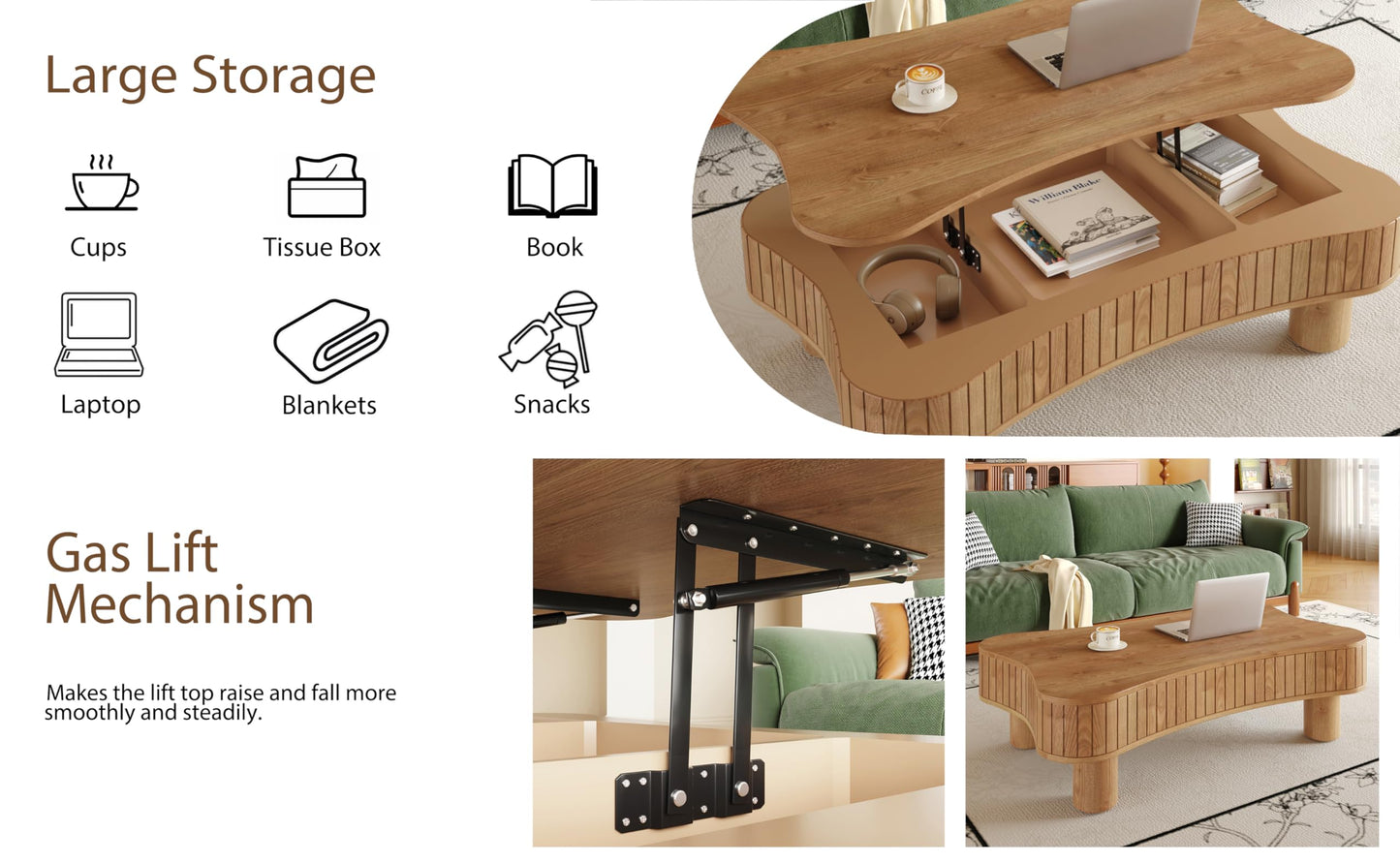 GDFStudio Zurnes Lift Top Coffee Table with Storage, 42" Accent Table for Living Room, Fluted Panel Hidden Storage, Silent Hydraulic Lift, Curved Corners, Easy Assembly, Light Brown