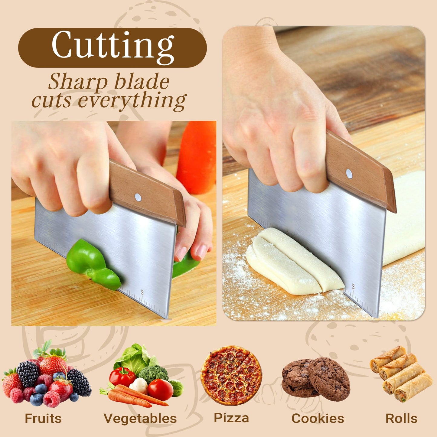 ROCKFEELTEE Multipurpose Bench Scraper, Dough Scraper and Dough Cutter for Flat Top Griddle, Bread, Pizza, and Pastry – Stainless Steel Griddle Scraper Chopper for Baking and Cooking