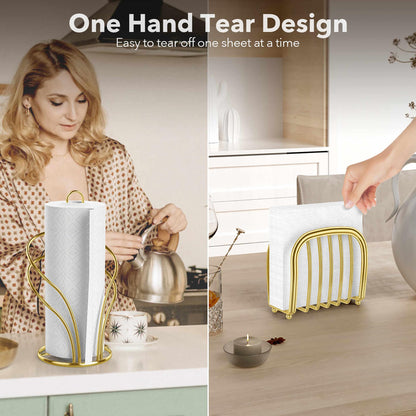 Paper Towel Holder Countertop, Stainless Steel Paper Towel Roll Holder and Paper Napkinholder Set, Standing Paper Towel Roll Holder Stand with Weighted Base Suction Cups (Gold)