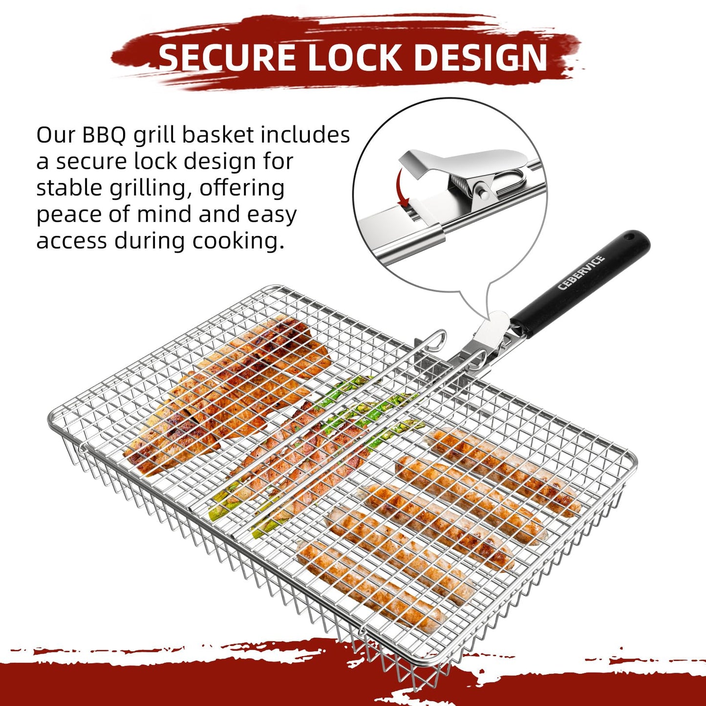 CEBERVICE Grill Basket Extra Large, SUS304 Stainless Steel, Portable Folding BBQ Camping Grilling Rack for Fish, Vegetables, Shrimp, Barbeque Griller Cooking Accessories, Grilling Gifts for Men, Dad