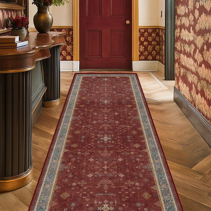 Turkish Kitchen Runner Rugs - Non-Skid Washable Design | Dark Red 2x6 for Hallway & Bathroom