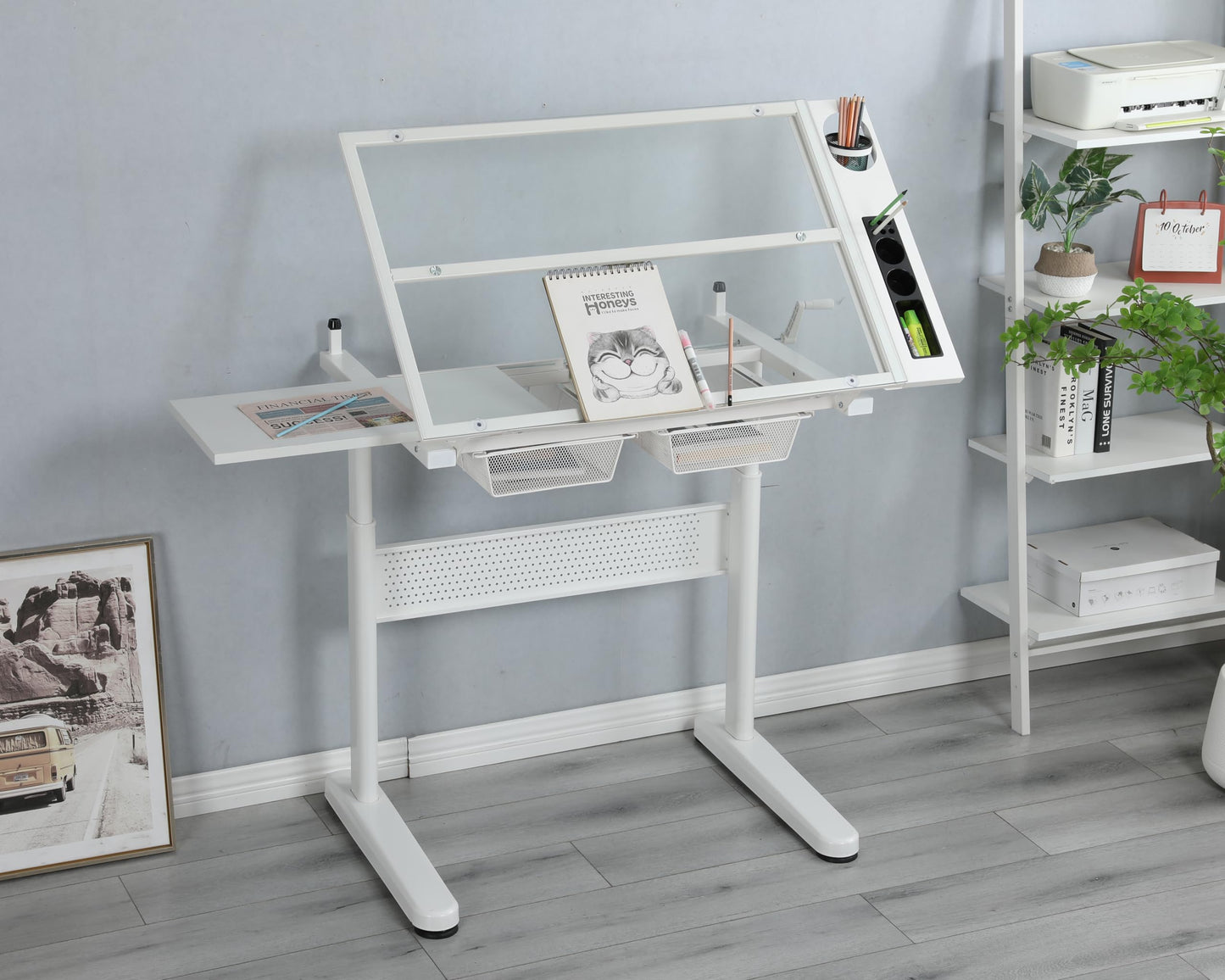 GOWE Hand Crank Adjustable Drafting Table Drawing Desk with 2 Metal Drawers (White) with Stool